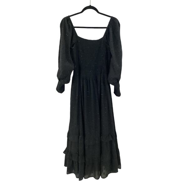 Oliphant Smocked Top Ruffle Tiered Midi Length Dress Midnight Black Gold Small - Picture 2 of 15